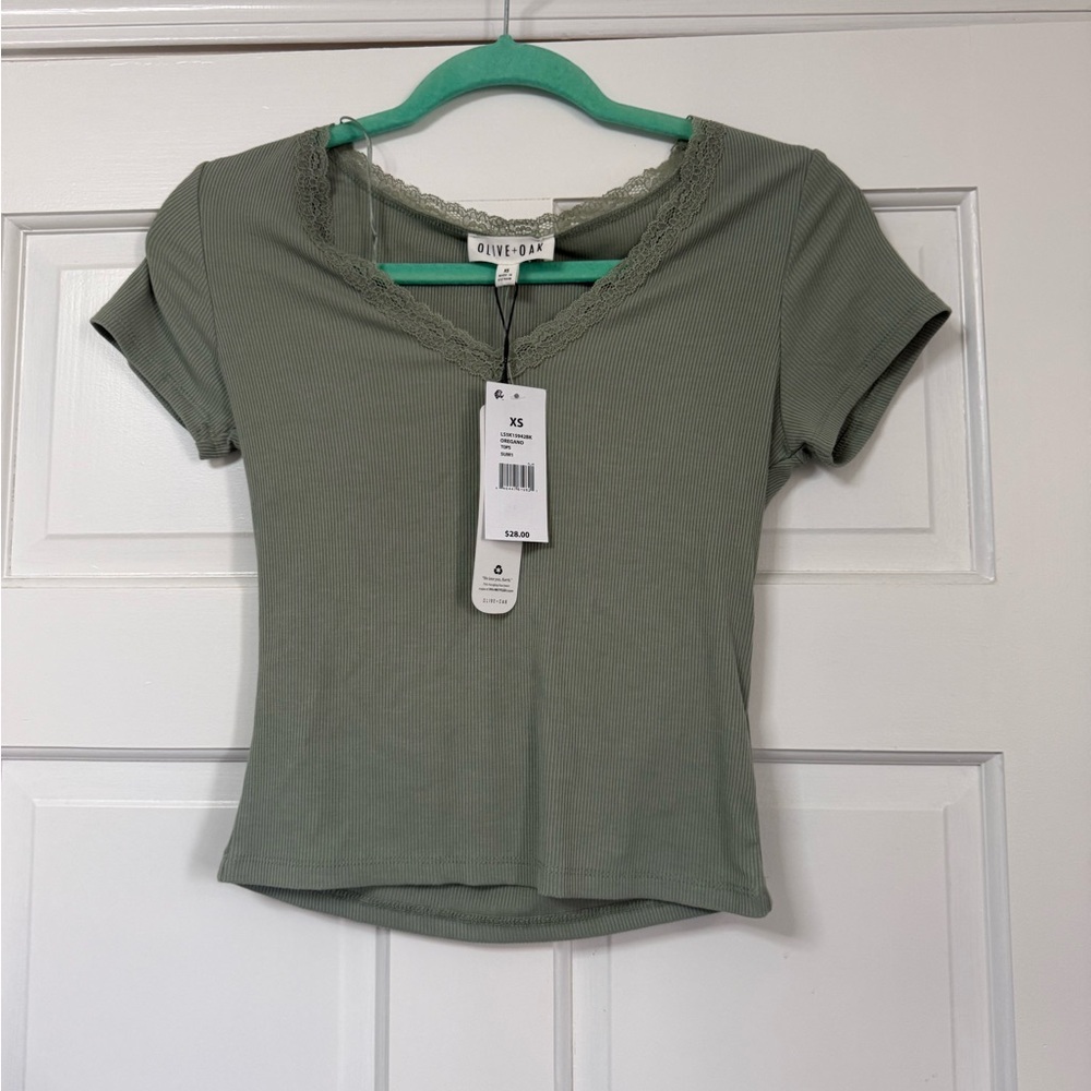 Olive Green Ribbed V-Neck Top by Olive & Oak NWT